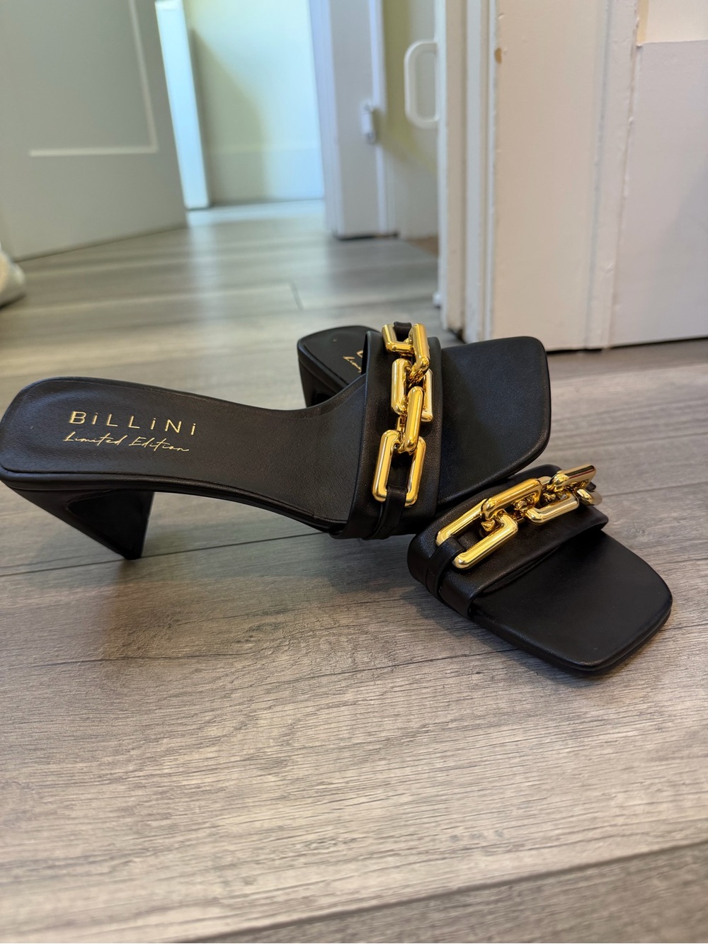 Billini Black Heeled Mules with Gold Chain Accent